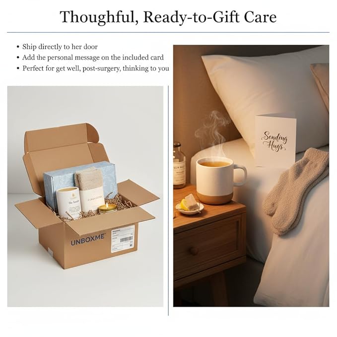 Unboxme Comforting Care Package for Women - Organic Self-Care Get Well Soon Gift Basket with Fluffy Socks, Lemon Ginger Tea Set, Sea Salt, Scented Candle - Ideal Post-Surgery & Feel Better Basket