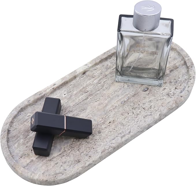 Natural Marble Tray, Oval Vanity Decorative Tray for Bathroom Counter, Countertop Stone Organizer, Catchall Tray for Kitchen, Perfume, Candles, Jewelry Dish Decorative Tray