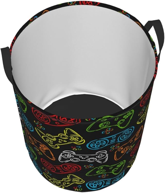 Colorful Game Joystick Silhouettes Laundry Hamper Bag With Waterproof Liner - Round Laundry Basket Foldable Clothes Storage Organizer For Bathroom Bedroom Nursery Dorm, M-19.6"X 15.7"