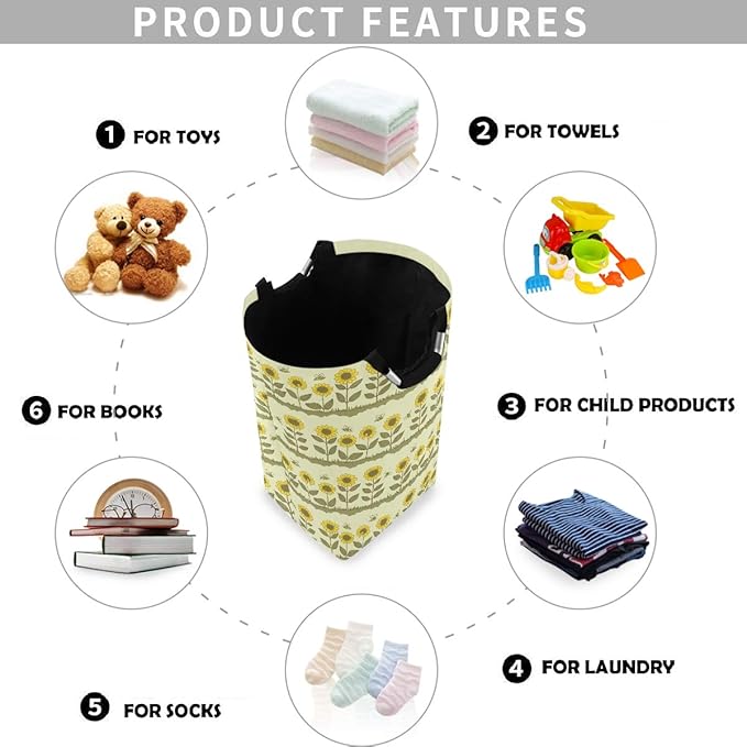 visesunny Retro Sunflower Floral Large Laundry Hamper with Handle Foldable Laundry Basket Toys and Clothing Organization for Bathroom, Bedroom, Home, Dorm, Travel