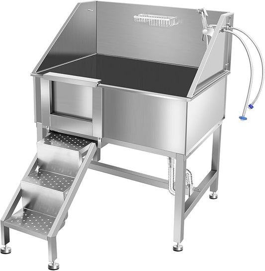 38" Pet Dog Bathing Station W/Ramp, Professional Stainless Steel Dog Grooming Tub W/Soap Box, Faucet,Rich Accessory, Dog Bathtub for Large,Medium,Small Pets, Washing Sink for Home,L-RAMP