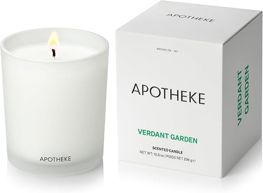Apotheke Signature Scented Candles for Home, Verdant Garden - 10.5 oz - Soy Wax, Non Toxic, Large Jar White - Luxury Candle Gifts for Women & Men - Cedarwood, Jasmine, Fig, and Coconut