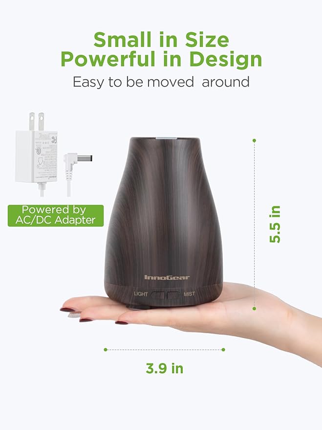 InnoGear Essential Oil Diffuser, Premium 5-in-1 Diffusers for Home Scent Aromatherapy Diffuser Air Desk Humidifier for Bedroom Large Room Office 7 Color LED 2 Mist Mode Waterless Auto Off, Brown