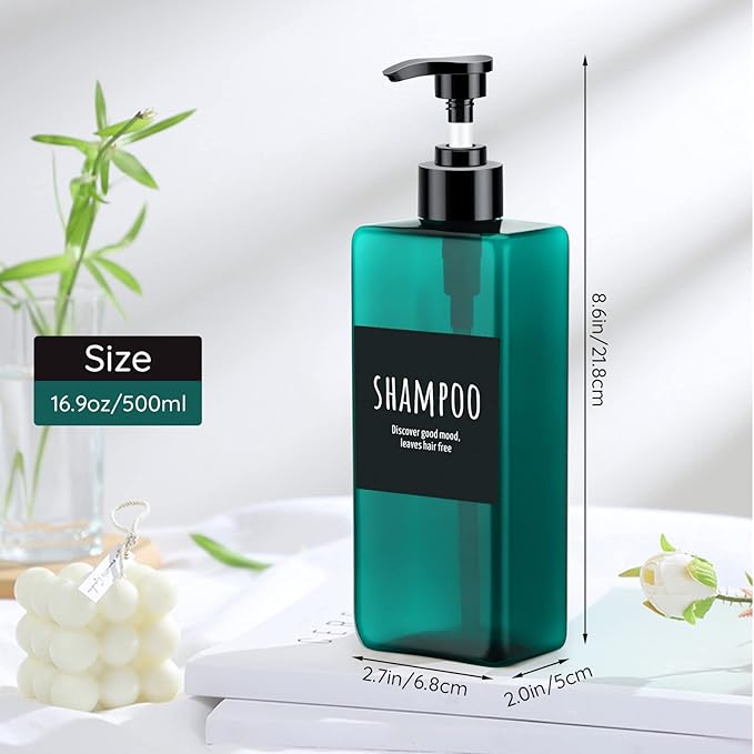 16.9oz Shampoo Conditioner Bottles, Segbeauty 3pcs 500ml Pump Press Dispenser with Labels, Empty Refillable Shampoo Body Soap Conditioner Gel Plastic Bathroom Press Lotion Containers Light Sea Green