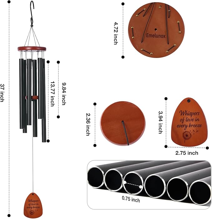 Inspirational Wind Chimes for Outside – Deep Tone Chimes with Wooden Sail | Outdoor Hanging Decor for Patio & Garden | Unique Designs, Healing Gift of Peace & Comfort (Black, 37 Inch)