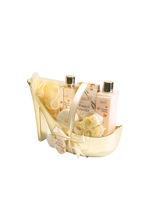 Freida & Joe Elegant 9-Piece Bath Set in High Heel Shoe – Luxurious Spa Gift Basket for Women, Includes Shower Gel, Body Lotion, Bath Salts, Soap Flowers, Bath Fizzer & Sponge (French Vanilla)