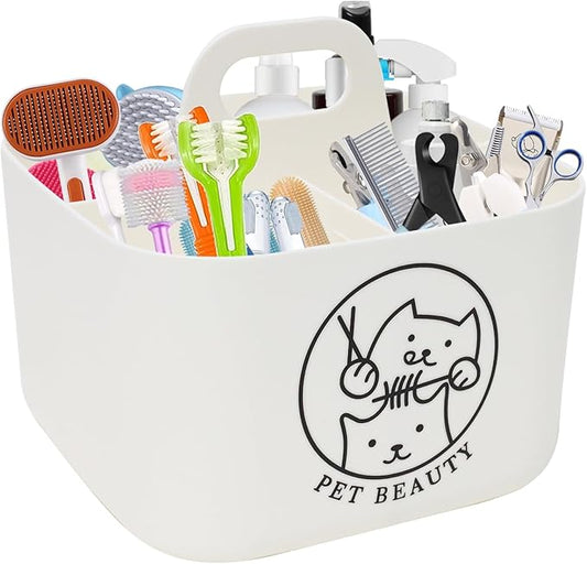 Dog Storage Organizer for Grooming Supplies,4-Compartment Caddy for Dog Cat Grooming Kit,Pet Stuff Storage,Ieal for Shampoo,Trimmer,Clipper,Combo,Brush-Modern Minimalist White