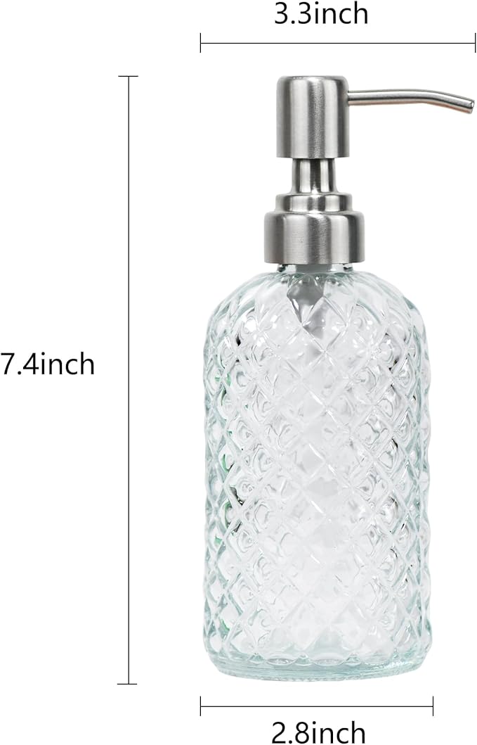 16 oz Diamond Pattern Glass Soap Dispenser, Kitchen and Bathroom Refillable Soap Dispenser with Rust Resistant Stainless Steel Pump for Hand Soap, Lotion Glass Liquid Dispenser(Clear-2pack)