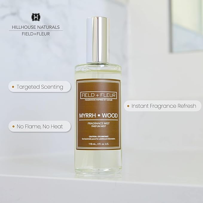 FIELD FLEUR Natural Room and Linen Spray, Non-Toxic Fragrance Mist With With Scents of Earthy Patchouli, warm amber & sandalwood – Long-Lasting Room Spray for Home– Made in USA, 4oz – Myrrh Wood