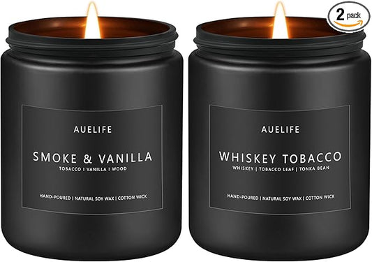 2 Pack Candle | Smoke & Vanilla + Whiskey Tobacco - Candles for Men - Masculine Candle, Soy Candles for Home Scented - Gifts for Men, Home Fragrance Manly Gifts - Each of 7oz