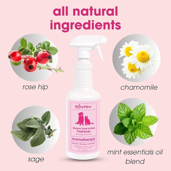 Dog Grooming Spray | Rose Hip, Chamomile & Mint Coat & Skin Freshener 32 oz by Shiny Paw | Dog Odor Spray | Made in the USA