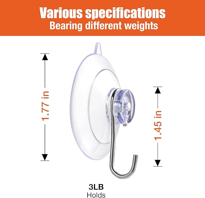 1.77-inch Medium Suction Cup Hooks, Reusable Clear PVC Suction Hooks for Smooth Glass Doors, Windows, Metal, Plastic, and Ceramic Tile Surfaces, Provide Super Strong Suction (4 Lb / 12-Pack)