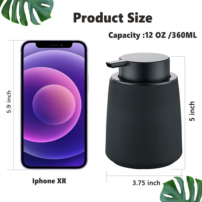 Black Foam Hand Soap Dispenser - 12Oz Ceramic Foaming Soap Dispenser with Easy-to-Press Black Pump, Reusable and Refillable Liquid Lotion Dish Soap Dispensers for Bathroom, Kitchen (Rubber Paint)