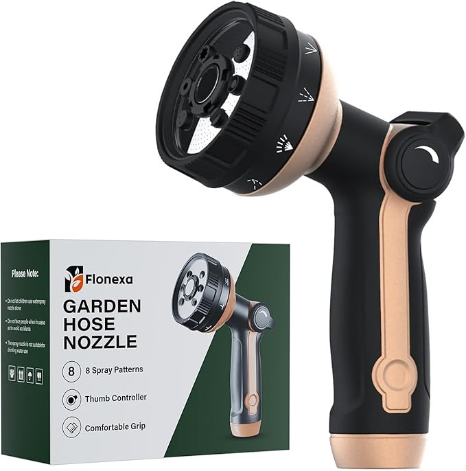 Heavy Duty Garden Hose Nozzle, 100% Metal Water Hose Sprayer with 8 Spray Patterns, Hose Nozzle with Thumb Control, On Off Valve, for Lawn & Plant Watering, Car & Pet Washing