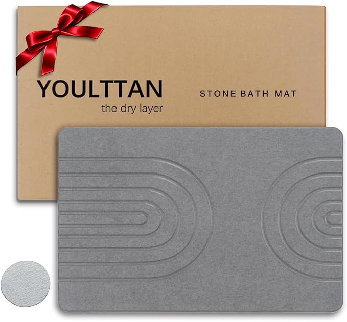 Stone Bath Mat 24"x16" - Diatomaceous Earth Shower Mat, Quick Dry, Anti-Slip, Modern Design with Bonus Non-Slip Pad - Perfect for Home Safety and Style, (Gray,Semicircle)