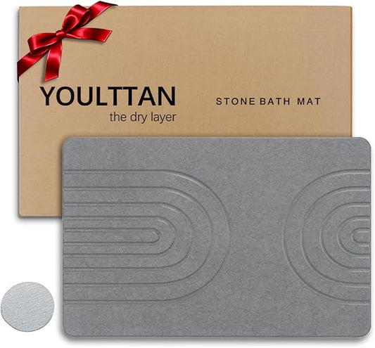 Stone Bath Mat 24"x16" - Diatomaceous Earth Shower Mat, Quick Dry, Anti-Slip, Modern Design with Bonus Non-Slip Pad - Perfect for Home Safety and Style, (Gray,Semicircle)