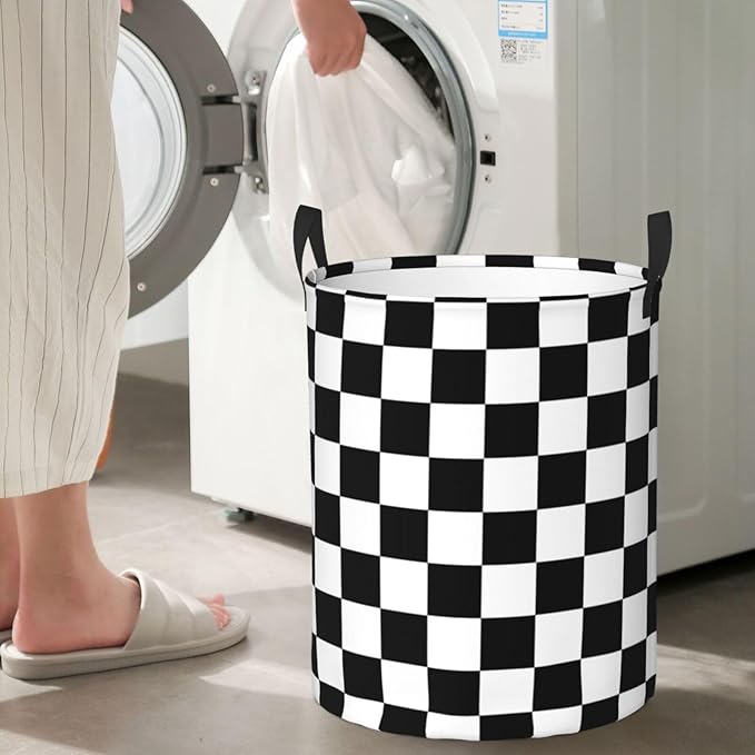 Black And White Plaid Racing Pattern Laundry Hamper Bag With Waterproof Liner - Checkered Race Flag Round Laundry Basket Foldable Clothes Storage Organizer For Bathroom Bedroom Nursery Dorm, M