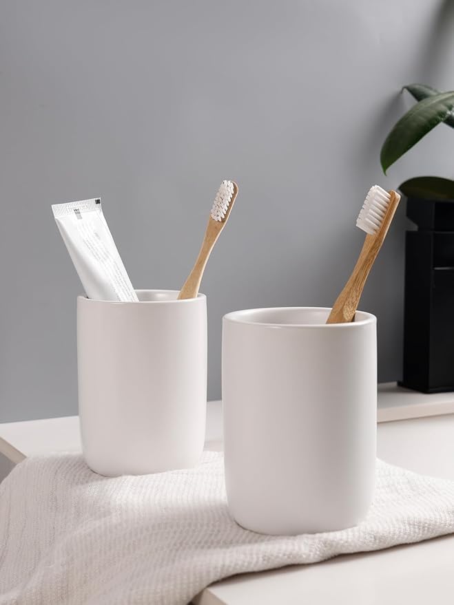 Bosilunlife Soap Dispenser and Toothbrush Holder Set - 11Oz Dish Hand Soap Dispenser Pump Ceramic Bathroom Counter Soap Toothbrush Holder Set White Bathroom Accessories Set