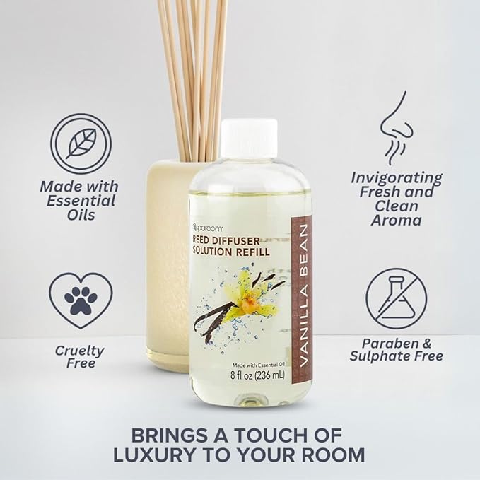 SpaRoom Reed Diffuser Oil Refill – Vanilla Bean Scent, 8oz Cozy Blend for Warmth and Comfort, Smooth and Sweet Aroma for Bedrooms, Lounges, or Relaxing Spaces, Long Lasting Ambient Scent
