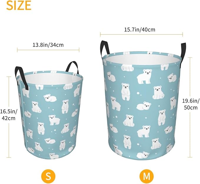 Cute Polar Bears Laundry Hamper Bag With Waterproof Liner - Round Laundry Basket Foldable Clothes Storage Organizer For Bathroom Bedroom Nursery Dorm, S-16.5"X 13.8"