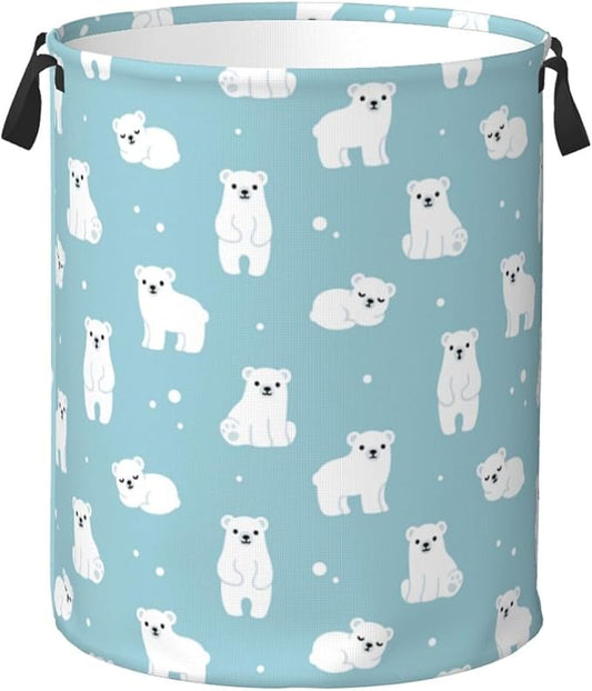 Cute Polar Bears Laundry Hamper Bag With Waterproof Liner - Round Laundry Basket Foldable Clothes Storage Organizer For Bathroom Bedroom Nursery Dorm, S-16.5"X 13.8"