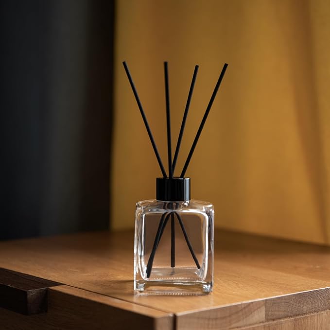4PCS Glass Diffuser Bottles, Refillable Square Shape With 20pcs Reeds Sticks, Black Caps & Funnel, 4.05" High 200ml 7.05 fl oz. Jars for Home Oil Fragrance Decoration