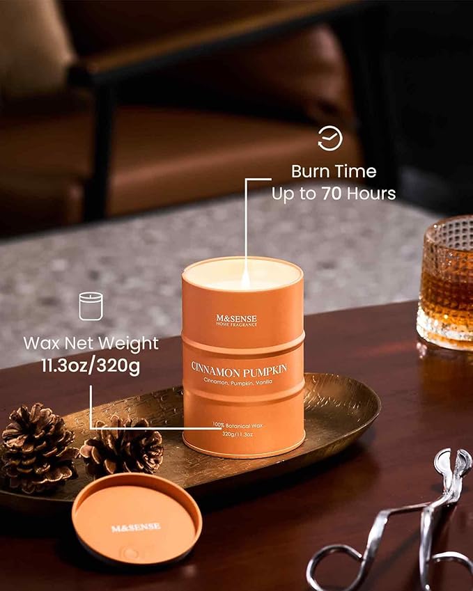 M&SENSE Cinnamon Pumpkin Scented Candles Natural Non Toxic, Aromatherapy Candle for Stress Relief Meditation Relaxing, Housewarming Gifts for Women Men, 11.3oz 70 Hour Long Burning