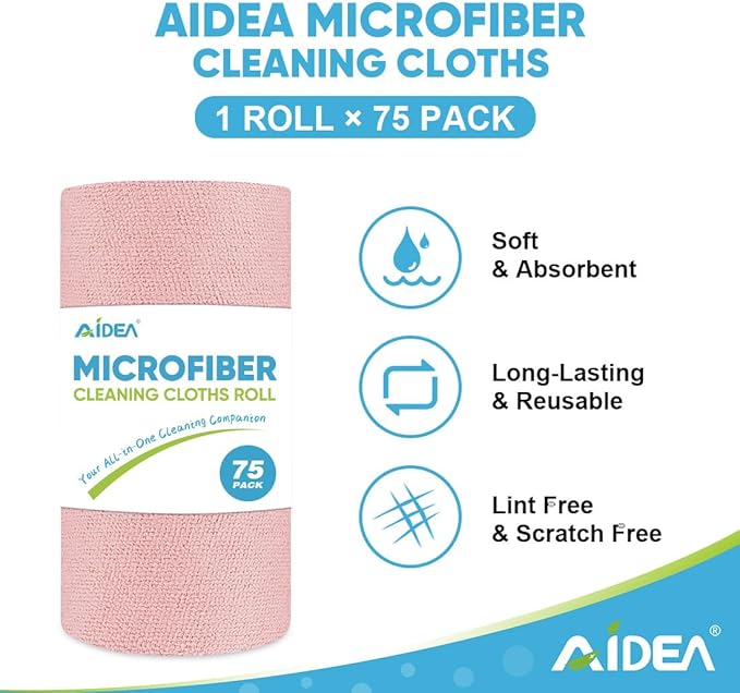 AIDEA Microfiber Cleaning Cloth Roll, 75PK, Tear Away Reusable Paper Towels, Pink Towels Lint Free Rags for House, Kitchen, Car Cleaning Supplies, 11.5"×11.5"
