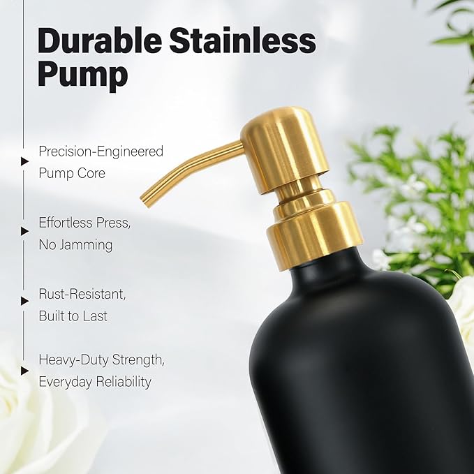 Black Soap Dispenser for Kitchen Sink, Hand and Dish Soap Dispenser with Stainless Steel Pump, Perfect for Gold Kitchen Accessories. (Gold & Black)