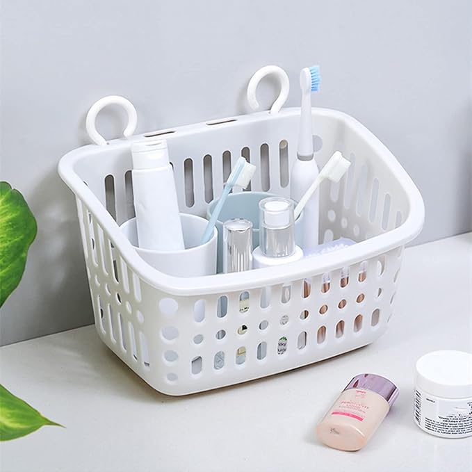 3PCS Plastic Hanging Baskets for Shower, Hanging Basket Organizer with Hooks, Rectangle 10.6Inches Small Hanging Storage Basket (Grey)