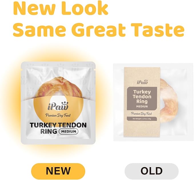 iPaw Turkey Tendons for Dogs, 100% Turkey and US Sourced Raw Material, Hypoallergenic, All Natural Human Grade Puppy Chew, Rawhide Alternative Dog Treats, 4 Units/Pack Ring (Small)