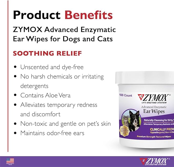 Zymox Advanced Enzymatic Ear Wipes for Dogs and Cats - for Dirty, Waxy, Smelly Ears - Premium Strength Ear Cleaner Wipes - Non-Irritating - Hypoallergenic (100 Count-Pack of 2)