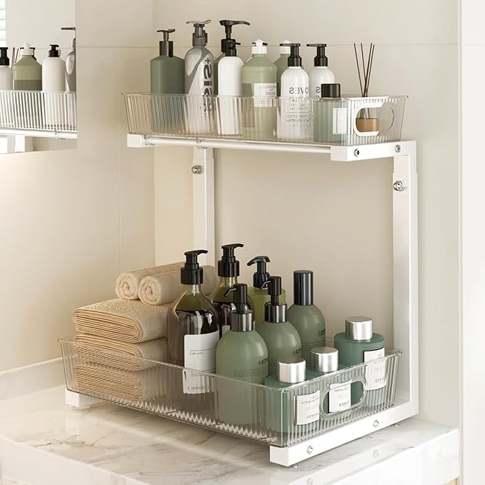 Under Sink Organizer, Under Sink Organizers and Storage with Adjustable Height and PET Basket, Pull Out Under Cabinet Organizer for Counter Kitchen, Vanity, Laundry, Pantry (1Pack, White)