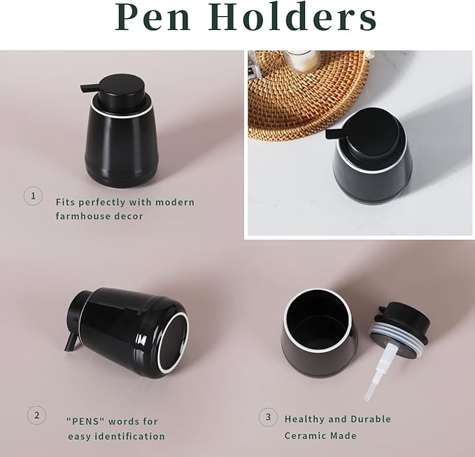 LEETOYI Bathroom Countertop Dispensers Modern Ceramic Soap Lotion Dispenser Bottles, Hand Soap Dispenser for Bathroom, Dish Soap Dispenser for Kitchen, Easy to Press Pump (Black, Labeled Soap)