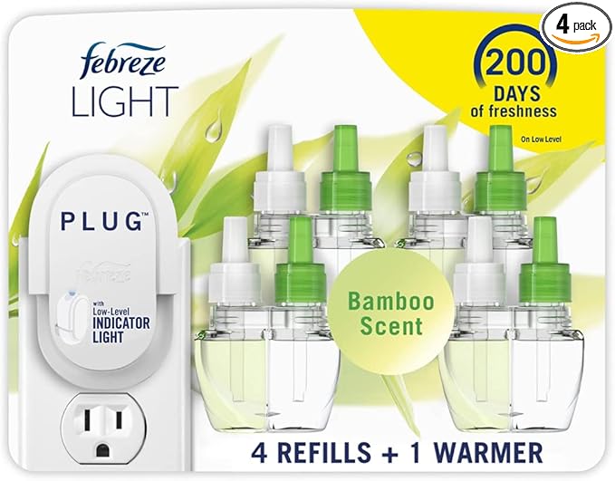 Febreze Plug In Air Freshener, Odor-Fighting Scented Oil Starter Kit, Air Fresheners for Home and Bathroom and Kitchen, Long Lasting for Strong Odors, Bamboo Scent, Warmer + 4 Refill