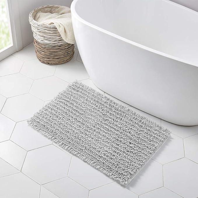 Walensee Bathroom Rug Non Slip Bath Mat (36x24 Inch Light Grey) Water Absorbent Super Soft Shaggy Chenille Machine Washable Dry Extra Thick Perfect Absorbant Best Large Plush Carpet for Shower Floor