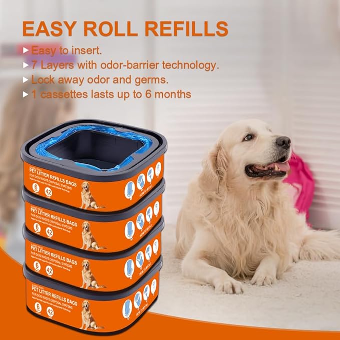 42 FT Jumbo Square Refills Disposal Bags Refill Compatible with Pet Dogs Genie Dog Waste Disposal System Pails, Up to 6 months of Supply,Ultimate Odor Control Dog Poop Bags (6 Pack)