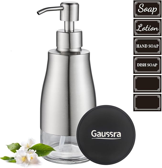 Gaussra Soap Dispenser with Coaster and Stickers, Brushed Nickel Stainless Steel Case Glass Liner Hand Pump Dispenser, Refillable Liquid Hand Soap Dispenser for Bathroom & Kitchen (11OZ / 320ML)