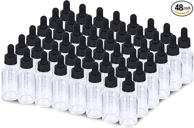 2 oz Dropper Bottle 48 Pack Clear Glass Boston Bottles 60ml with Eye Droppers Black Caps for Essential Oils, Perfume, Leak Proof Travel Bottles for Liquids