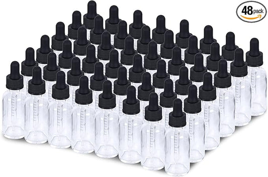 2 oz Dropper Bottle 48 Pack Clear Glass Boston Bottles 60ml with Eye Droppers Black Caps for Essential Oils, Perfume, Leak Proof Travel Bottles for Liquids