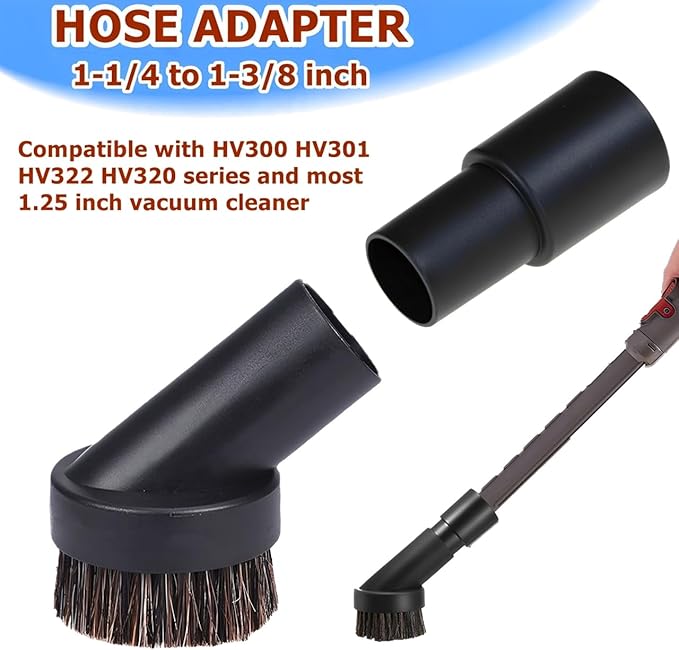 Vacuum Brush Attachment,25mm Horse Hair Brush with 1-1/4 to 1-3/8 Inch Hose Adapter for HV300 HV301 HV322 HV320 and Most 1.25 Inch Vacuum Cleaner