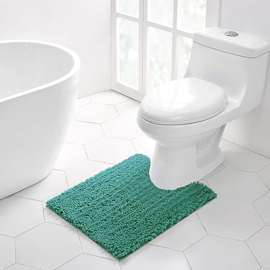 Walensee Bathroom Contour Rug Non Slip Toilet U Shaped Bath Mat (20x24, Turquoise) Water Absorbent Super Soft Shaggy Chenille Machine Washable Dry Extra Thick Perfect Absorbant Best Plush Carpet