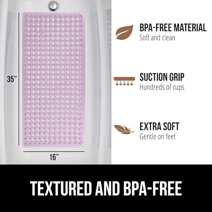 GORILLA GRIP Patented Bath Tub Shower Mat, Machine Washable Bathtub Floor Liner Mats, Suction Cups and Drain Holes to Keep Tubs Clean, Soft on Feet, Bathroom Essentials, 35x16 Inch, Clear Purple
