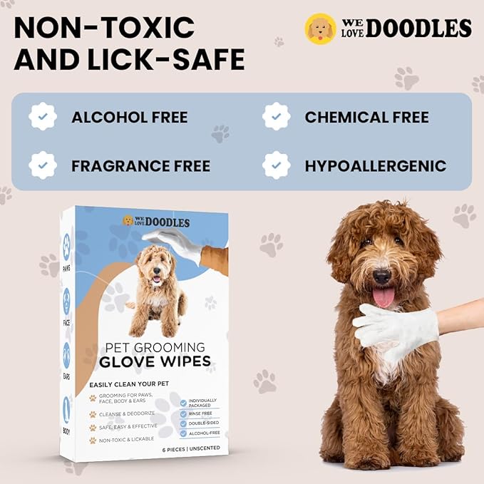We Love Doodles Dog Gloves Wipes & Puppy Shampoo Bundle - Pet Bathing Wipes for Dogs, Paws, Face, Body, Ears, Shampoo for Puppies, Sensitive & Itchy Skin Wash, Oatmeal Bathing, Tearless