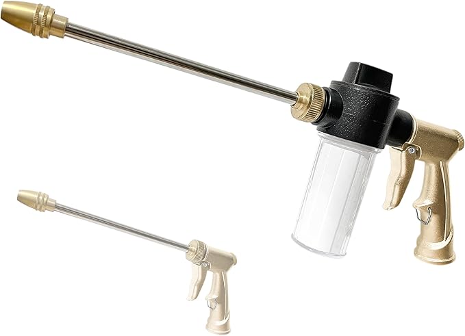 High Pressure Garden Hose Nozzle Sprayer with 3.5oz Plastic Soap Dispenser Bottle, Heavy Duty Car Wash Foam Gun, Adjustable Nozzle for Gardening, Solar Panel Cleaning, Pet Showering (Brass)