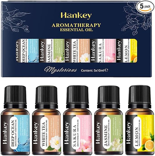 5x10ml Multi-Scent Essential Oils Set - Ocean, White Tea, Jasmine, Lemon & Cherry Blossom for Home & Car