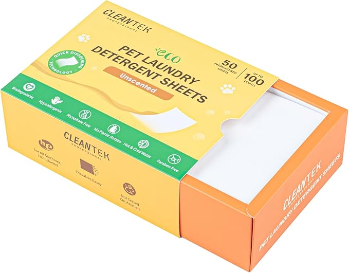 Restaurantware-Clean Tek Professional Detergent Laundry Sheets 50 Pet Cloth Laundry Soap Sheets-Up to 100 Loads, Hypoallergenic, Garment Cleaning Detergent Strips, Suits All Fabrics and Temperatures