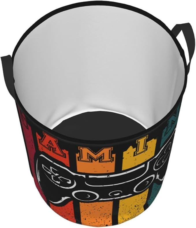 Gaming Laundry Hamper Bag With Waterproof Liner - Game Joystick Retro Style Round Laundry Basket Foldable Clothes Storage Organizer For Bathroom Bedroom Nursery Dorm, S-16.5"X 13.8"