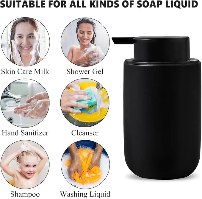 Black Soap Dispenser Set- Modern Ceramic Hand Dish Soap Dispenser for Bathroom Refillable Liquid Lotion Soap for Farmhouse Kitchen Decor Dish 2 Pack