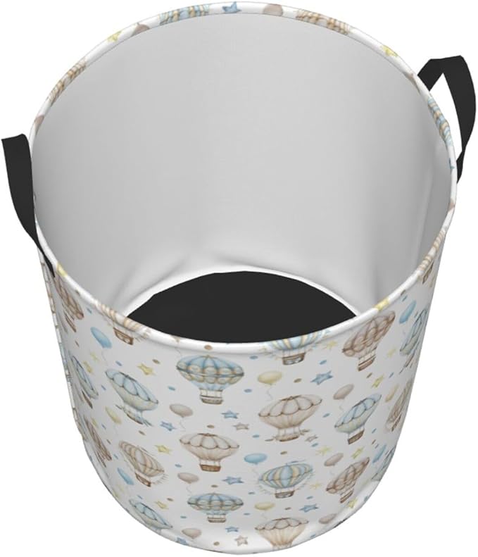 Cute Hot Air Balloon Stars Laundry Hamper Bag With Waterproof Liner - Round Laundry Basket Foldable Clothes Storage Organizer For Bathroom Bedroom Nursery Dorm, S-16.5"X 13.8"